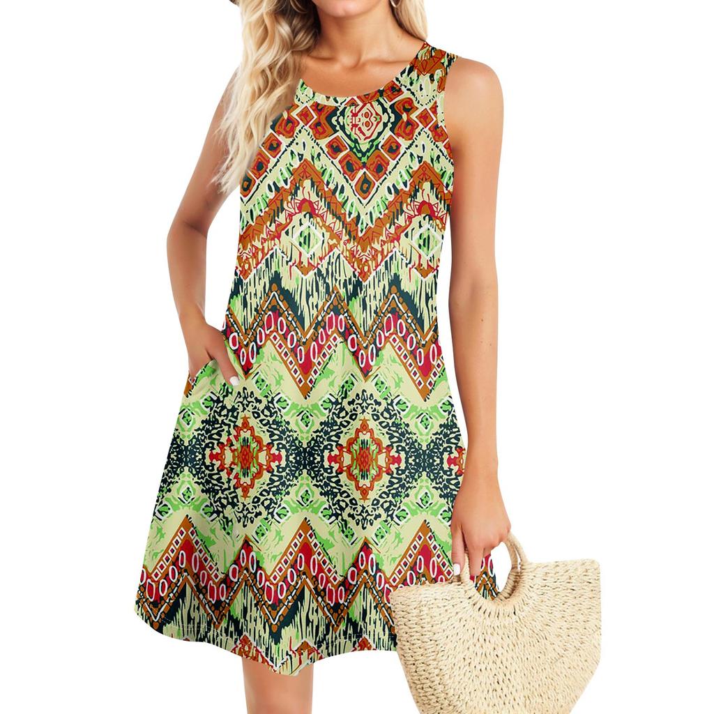 Summer Dresses For Women Beach Boho Sleeveless Vintage Printing Flowy Pocket Tshirt Tank Sundresses