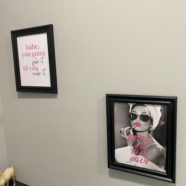Buffay Better Late Than Ugly Glam Wall Art, Black and Pink Bathroom Decor, Women Bathroom Wall Art, Funny Quote Poster, Vintage Hollywood Photo,