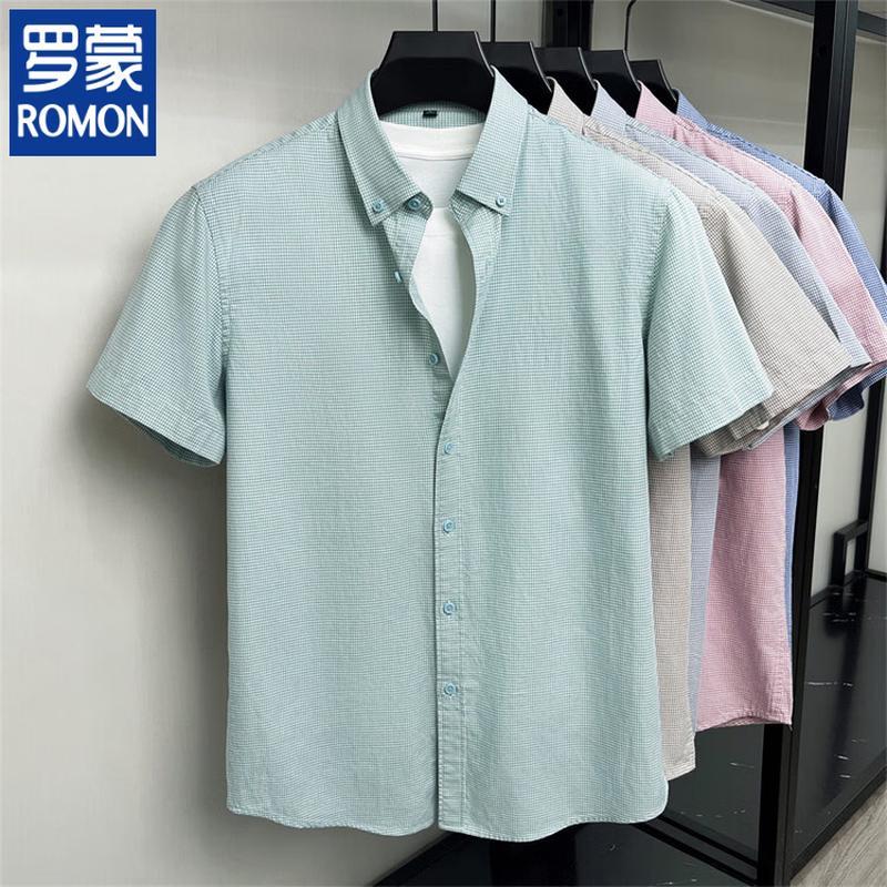ROMON Men's Short-Sleeve Linen Blend Quick-Dry Business Casual Shirt