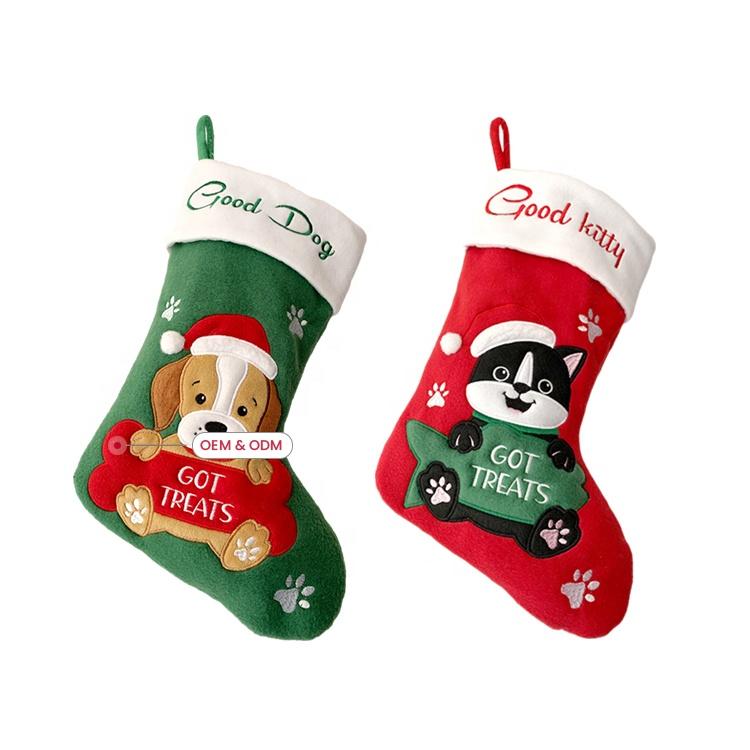 High Quality Custom Xmas Fireplace Decoration Cute Pet Dog Cat Gift Bags Red Green Merry Christmas Stocking Set for Embroidery
