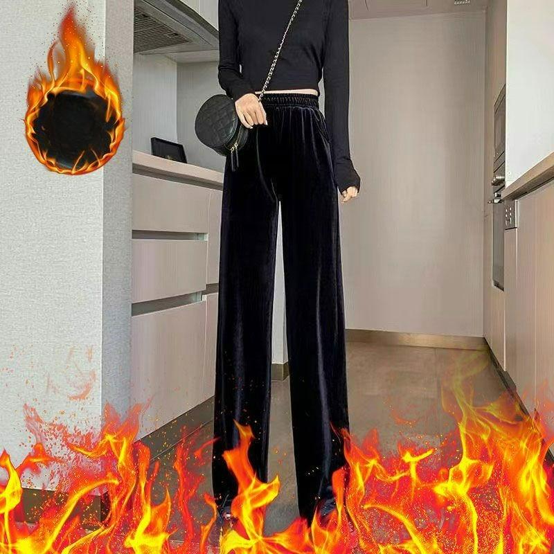 Золотистый бархат Брюки-палаццо Женские Высококлассное Чувство Черные Маленькие Узкие Женские Брюки Прямые Брюки Бархатные Брюки