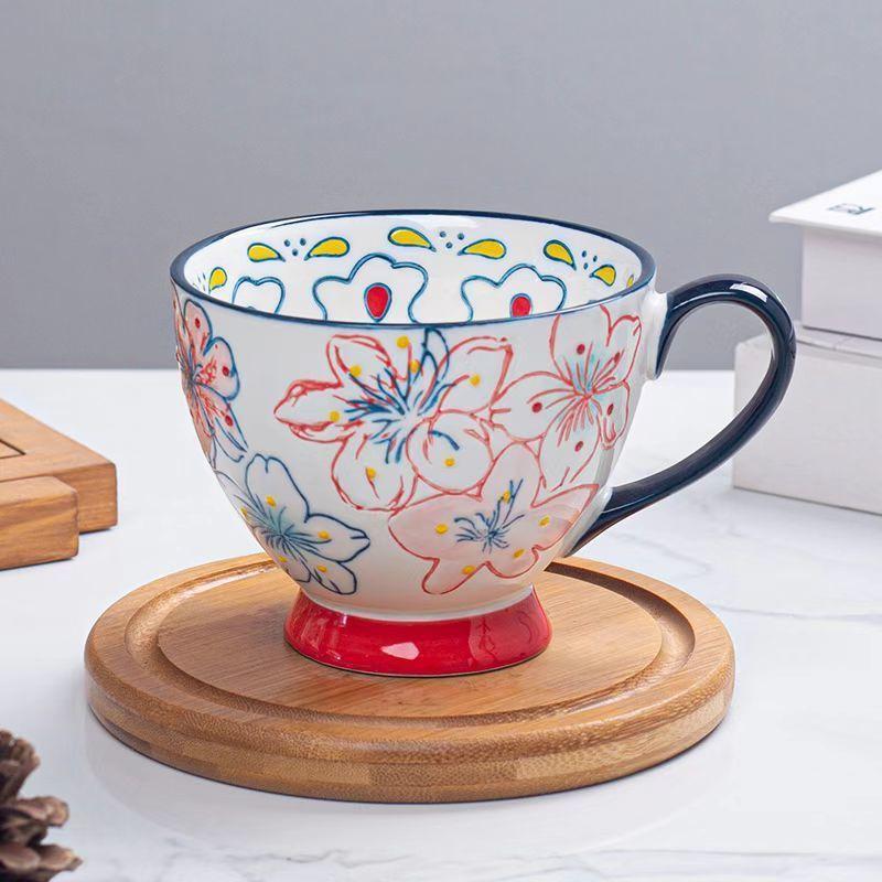 Керамическая чашка для воды с рельефным рисунком, чашка для завтрака с цветочным рисунком, европейская чашка для хлопьев, большая чашка с рисунком, креативная чашка