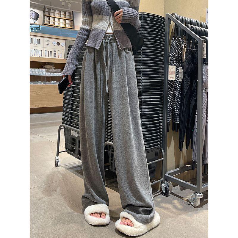 Petite Women's High-Waisted Velvet Pants: Thick, Glutinous Rice Texture, Casual, Slimming, Loose, Straight & Wide Leg, Floor-Length for Autumn/Winter.