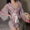 Японский прозрачный комплект нижнего белья с вышивкой и кимоно-халатом с бантом