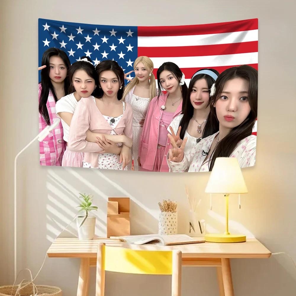 BABYMONSTER KPop Group Wall Tapestry US Flag Background with Members in Cute Pajamas Wall Hanging for Dorm Bedroom Decor