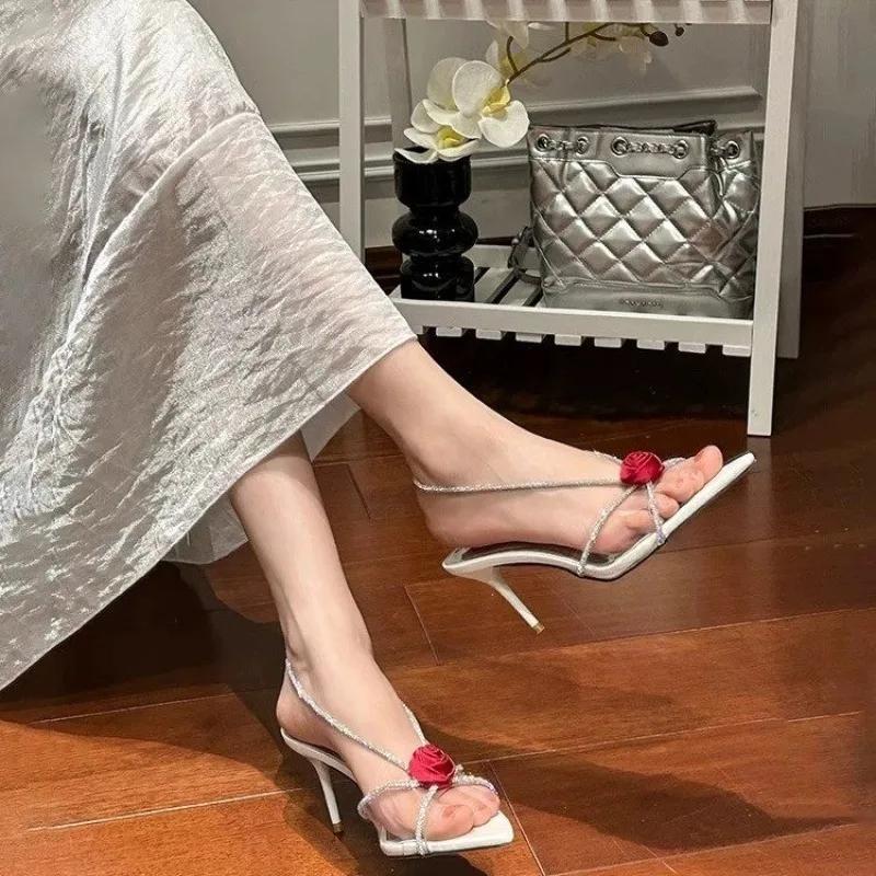 Sexy Slip On Back Strap Sandals Ladies Rose Flowers Narrow Band Open Toe Gladiator High Heels Summer Shoes Women Size 43