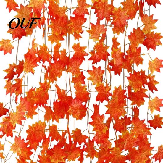 Orange Red Autumn Leaf Decor Artificial Maple Garland, Hanging Plant Fake Fall Realistic Silk Leaves Rattan, Gradient for Thanksgiving Home