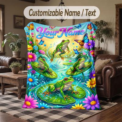 Frog Theme Throw Blanket Custom Name Text Personalized Blanket Soft Cozy Blanket for Home Sofa Bed