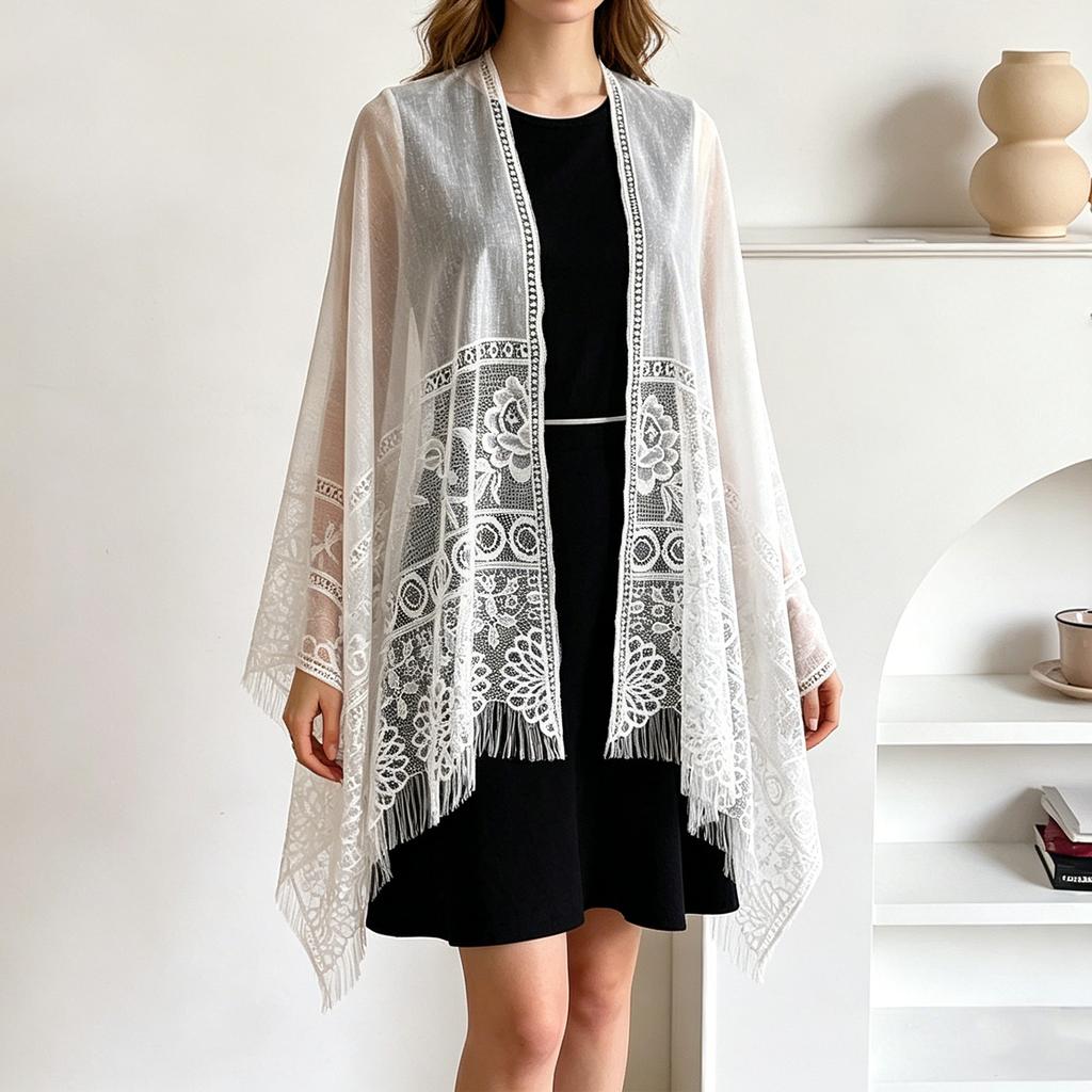 Women Lace Splicing Headscarf Shawl Lightweight Sheer Wrap Elegant Open Front Cover Up for Daily and Formal Wear