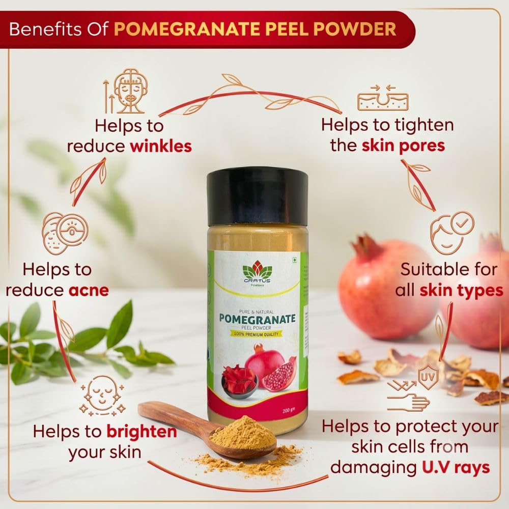 Gratus Naturals Чистая кожура граната (Анар) Порошок для ухода за лицом, кожей и волосами - 100% натуральный, органический и пищевого качества - 200 грамм