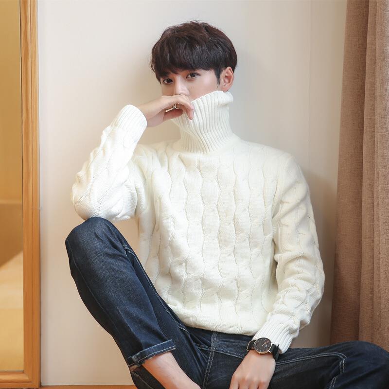 Autumn and Winter Thick High Neck Twisted Flower Men's Sweater Young Students Warm Knit Sweater Top
