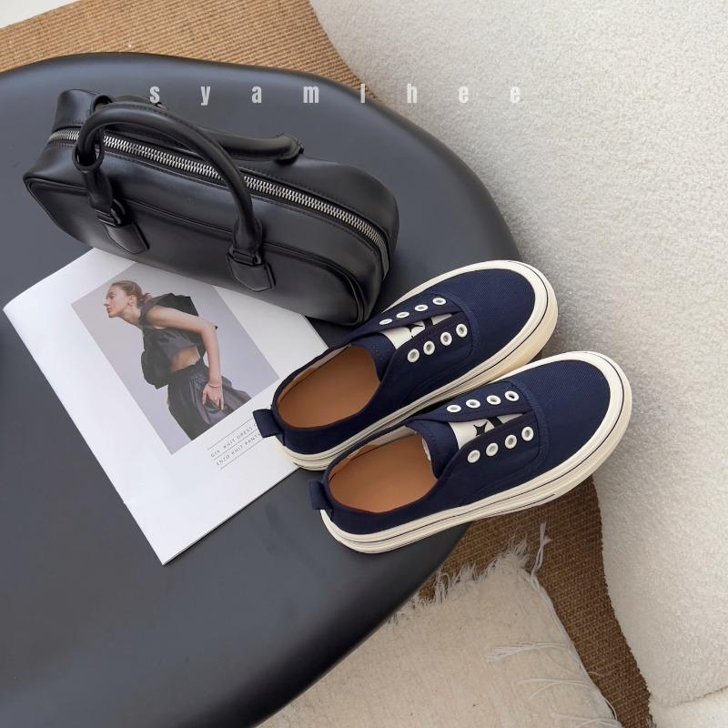 Leather one-pedal heightening platform casual canvas shoes women's spring and autumn new retro lace-free sports shoes