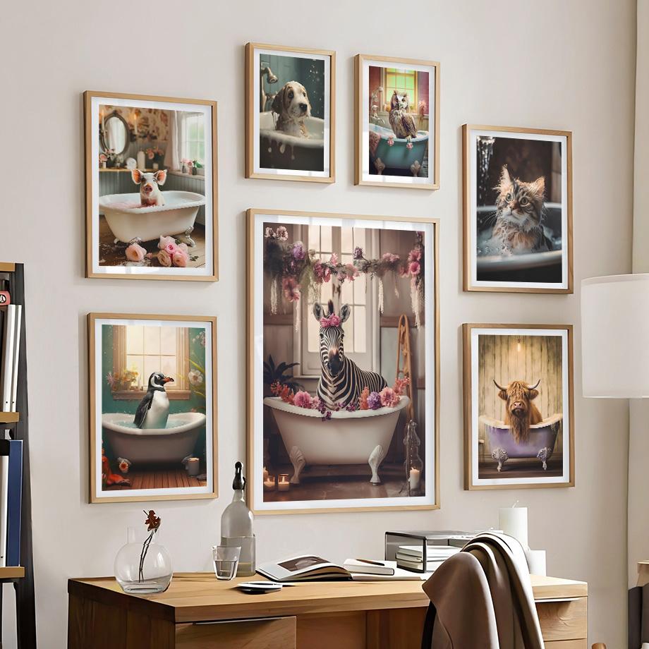 Забавный юмор для ванной комнаты Зебра Жираф Лев Свинья Собака Кошка Крупный рогатый скот Пингвин Сова Стена Домашний Декор Туалет Плакат Художественная печать Холст Картина