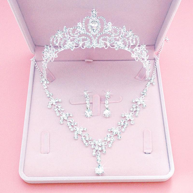 BY4334 Bridal Rhinestones Crown Necklace Earrings Set Wedding Crown Jewelry Set