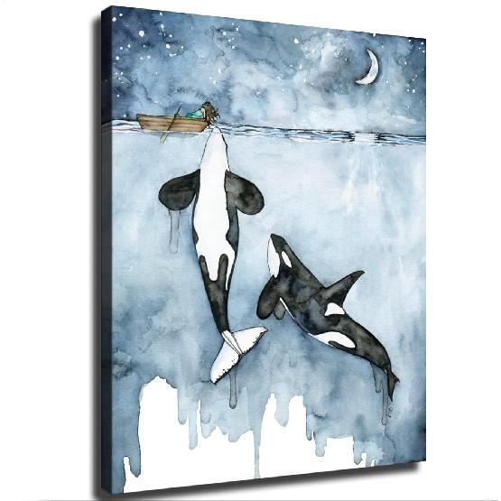 NikkOh Косатка и Девочка Холст Принт Акварельная Живопись Косатка Настенное Искусство Морская Жизнь Постер Холст Живопись Настенное Искусство Картина Подарок Спальня Дом