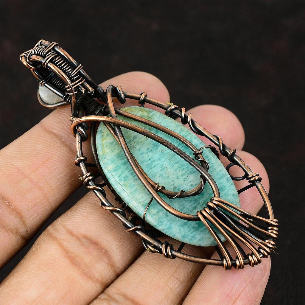 Evil Eye Amazonite Gemstone Copper Pendant Copper Wire Wrapped Jewelry Moonstone Jewelry Handmade Pendant Amazonite Jewelry Engagement Gift