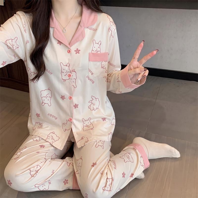 Soft cute rabbit pajamas women's spring and autumn imitation cotton high-value loungewear long-sleeved two-piece set can be worn outside