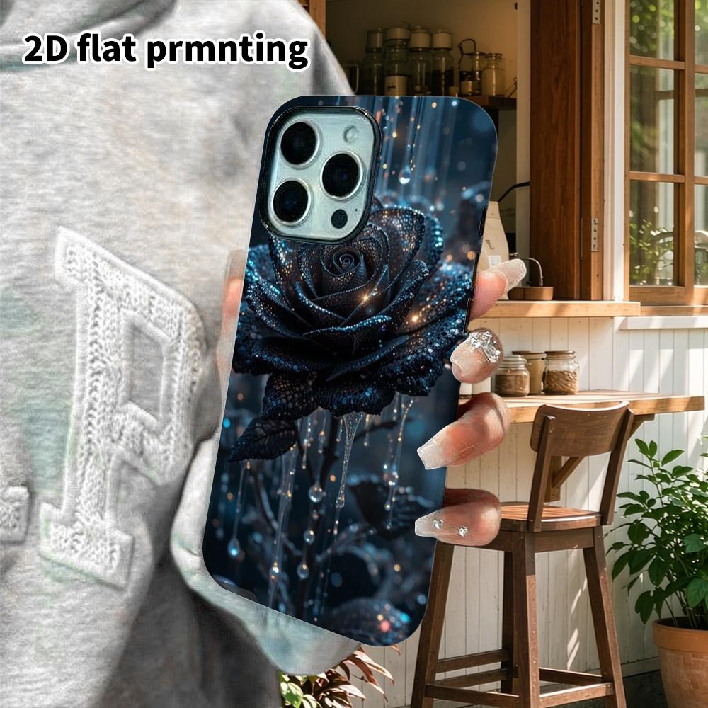 Phone Case: 2D flat suitable for iPhone 18, 17, 16, 15, 14, 13 Pro film protective case, couple style, crystal black rose, Christmas and Halloween gif