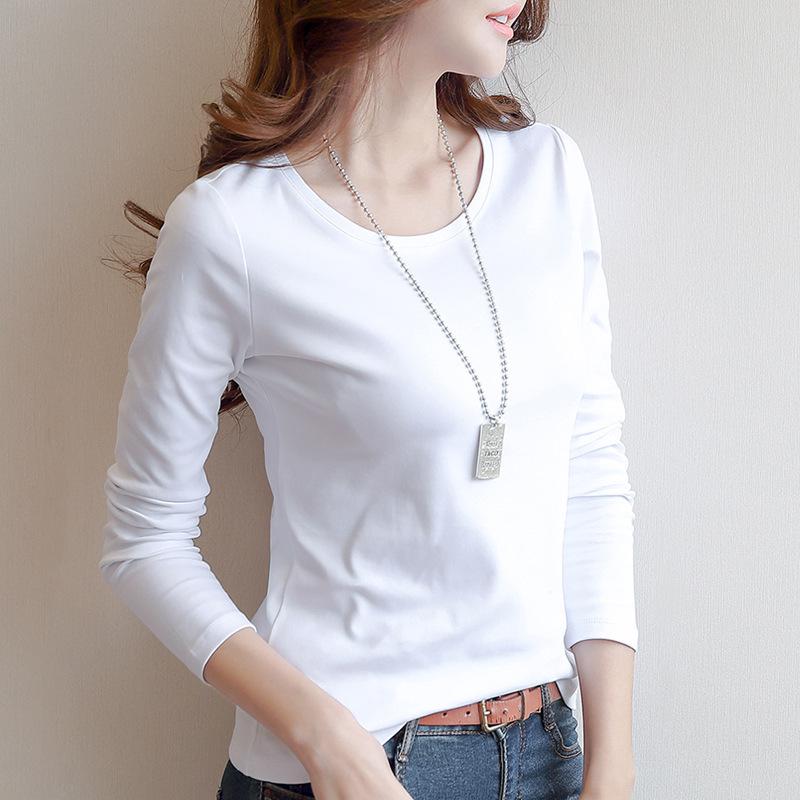 Korean Style Women's Slim Solid Color White Long-Sleeve T-Shirt for Autumn and Winter