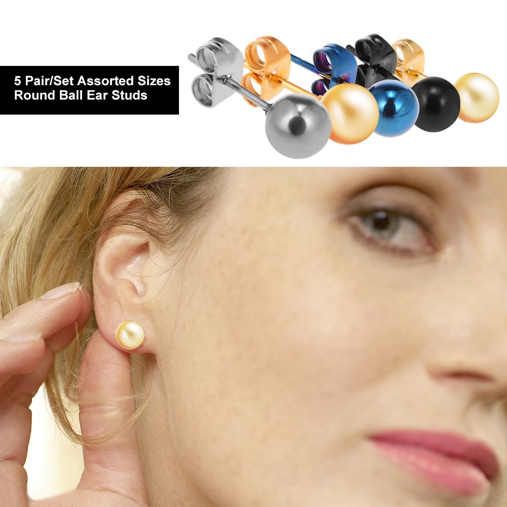 Surgical Stainless Steel Round Ball Ear Studs Earrings 5 Pair Set Assorted Sizes For Men Women