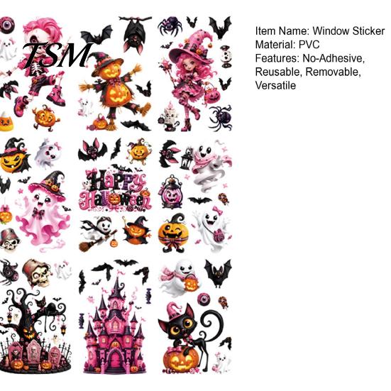 Decorative Static Clings for Party 9 Pcs Pink Halloween Window Clings, Cute Skull Witch Castle Bat Pumpkin Removable PVC Wall Decals School
