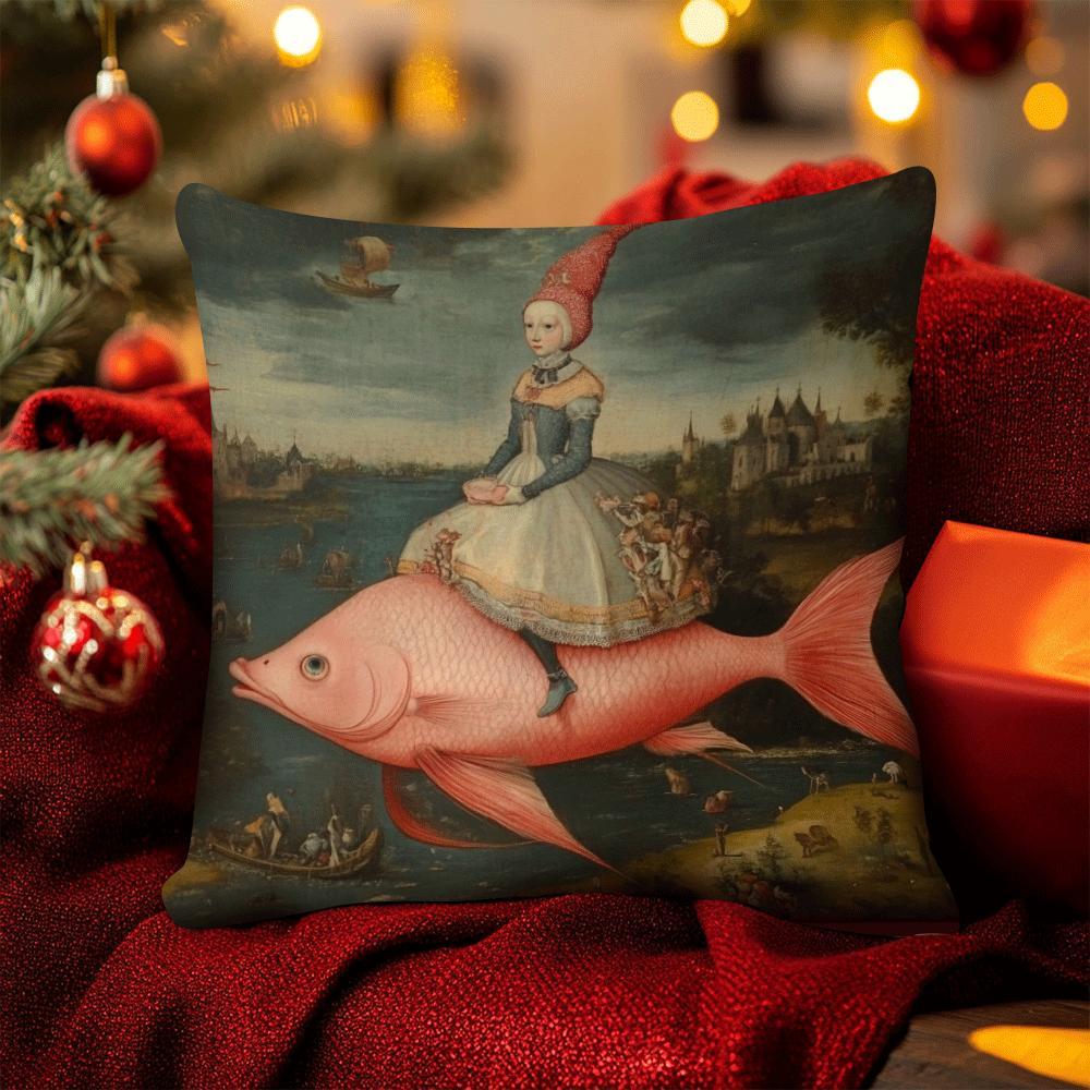 Double Sided Renaissance Art Girl Riding Fish Throw Pillow Cover Surreal Medieval Painting Print Cushion Case For Home Decor