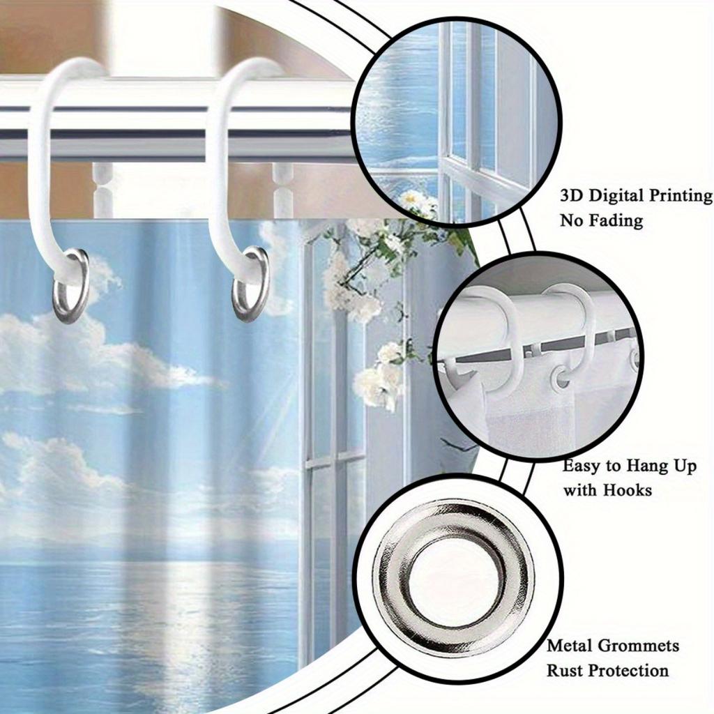 Coastal Sea View Shower Curtain Polyester Machine Washable With 12 Hooks For Bathroom Decor