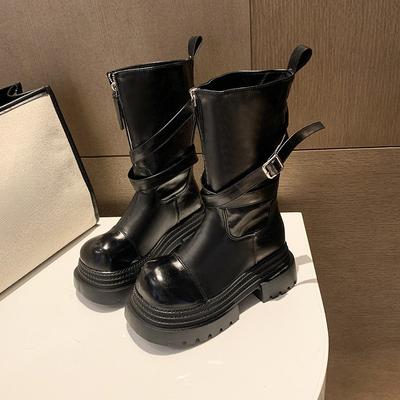 Новые ботинки до середины голени для осенней моды, на молнии спереди, с металлической пряжкой, на платформе, нескользящие, на блочном каблуке