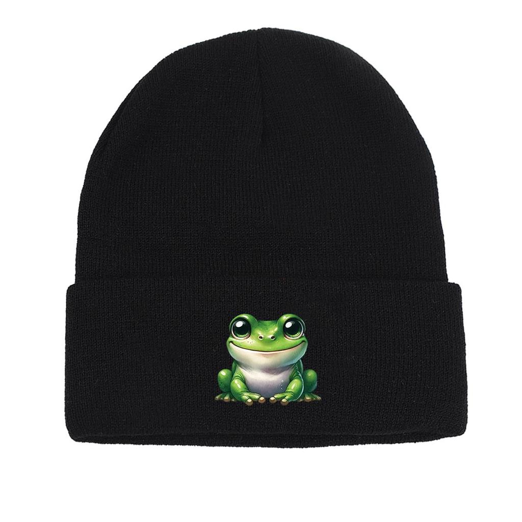 Smiling Frog Warm Knitted Hat Beanie, Woman Cap Cuff Winter Trendy Headwear Knit Cap Beanie