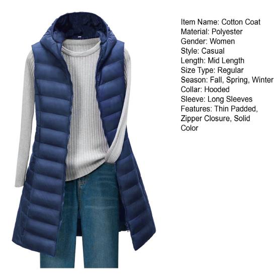 Yousheng Lady Winter Cotton Coat with Hooded, Soft, Windproof, Sleeveless, Single Color, Mid Long, Jacket, Overwear, Carte