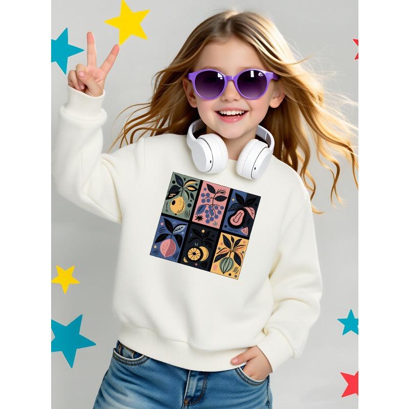 Girls' Long-Sleeve Casual Crewneck Sweatshirt | Fruit Plant Pattern Art Design, Colorful Style