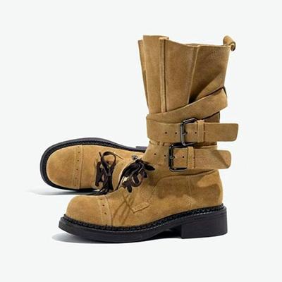 Модные Роскошные Мотоциклетные Сапоги до Середины Икры из Искусственной Замши Женские Модные Сапоги на Массивной Платформе Дизайн с Пряжкой Ремня Западные Ковбойские Botas Mujer