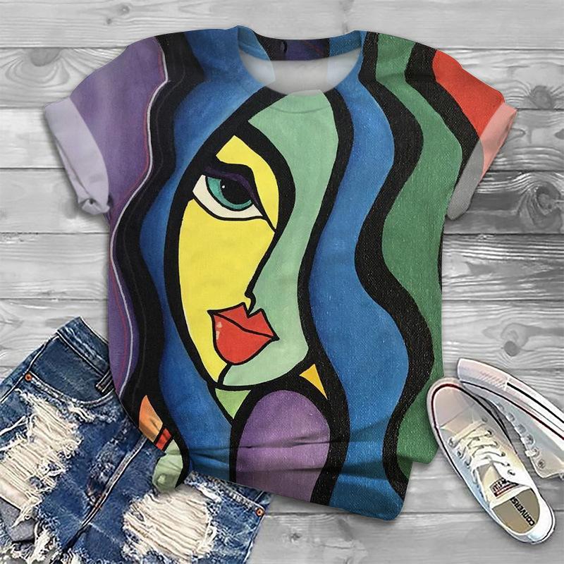Summer Abstract Face 3D Print T-shirt Women Short Sleeve T Shirts Harajuku Streetwear Tees Oversized Y2k Tops Woman Clothing