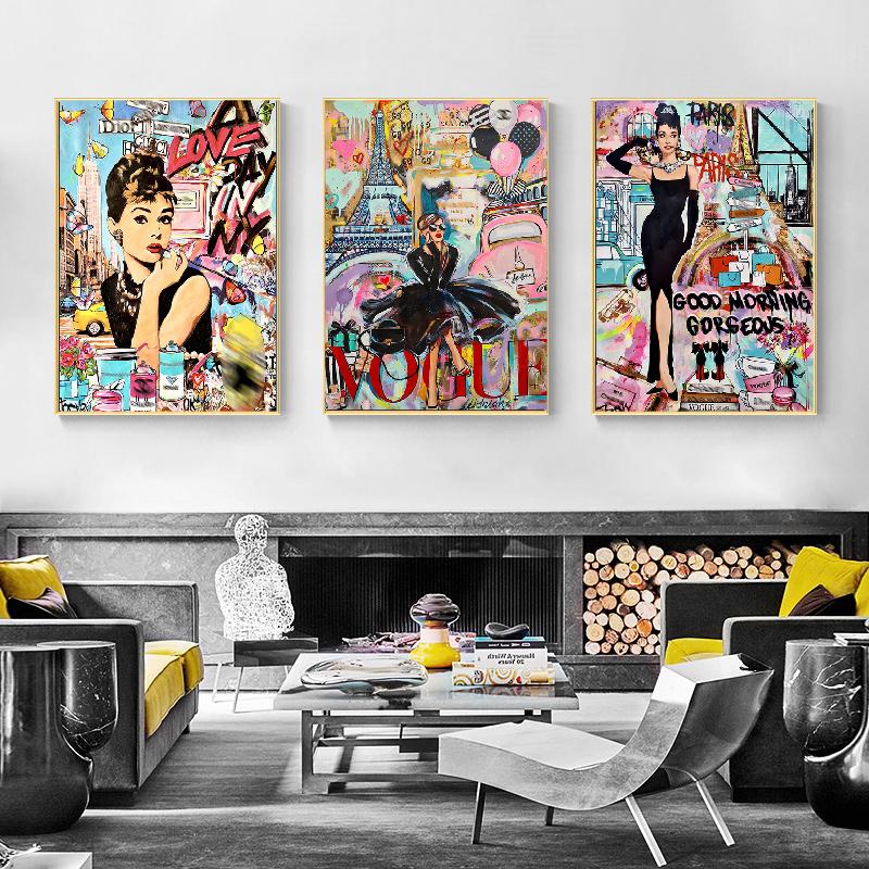 Modern Fashion Graffiti Street Pop Art Woman Frameless Poster Painting Canvas Print Wall Picture For Living Room Home Decoration
