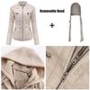Women's Removable Hooded Faux Leather Jacket Motocross Racer Biker Double Zip Slim PU Motorcycle Short Moto Coat Classic Bomber Outerwear S-4XL