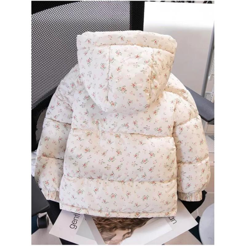 Girls Winter Cute Hooded Floral Cotton Jacket Long-sleeved Thickened Bread Clothes