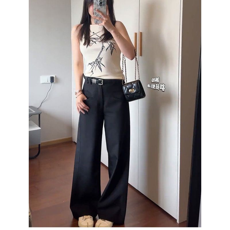 Skinny Casual Pants Black Women's Plus Size Fat Sister mm Cover Slim Looking High Waist Pear Shapes Suit Wide-Leg Pants