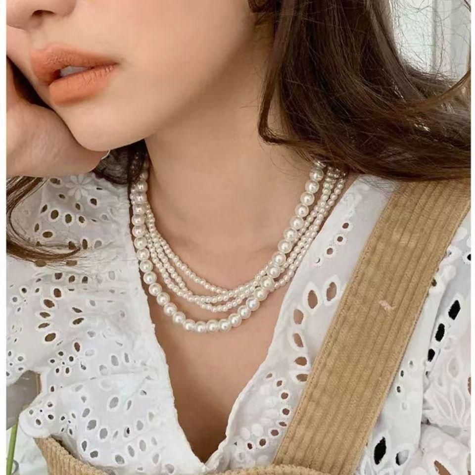Многослойное стеклянное жемчужное ожерелье для женщин с изысканным темпераментом, модным стилем ретро-барокко, многорядной цепочкой на ключицах.