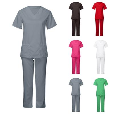 Женский быстросохнущий однотонный комплект брюк с короткими рукавами и V-образным вырезом, рабочая одежда
