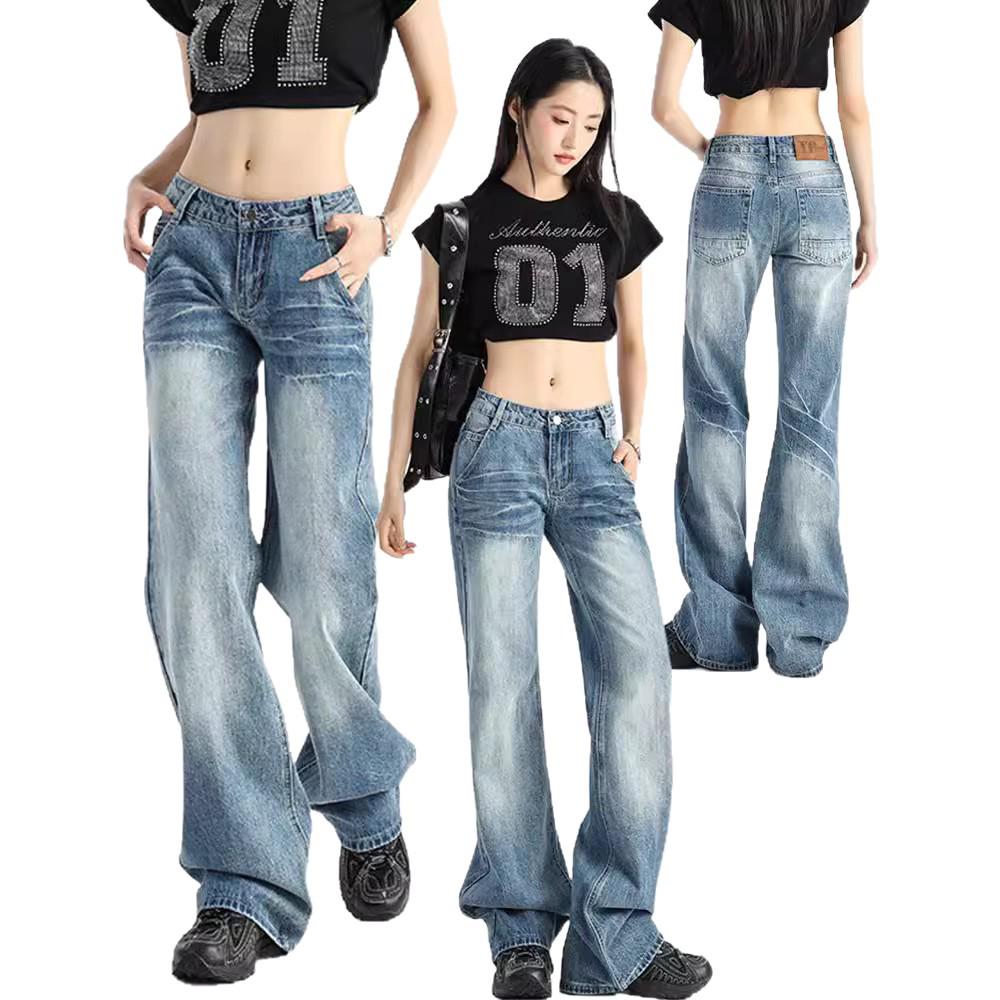 Женские джинсы клеш с низкой посадкой в стиле ретро - Коллекция Весна/Осень 2025, Универсальный свободный крой, Прямые штанины, Длина в пол.