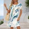 Women Plus Size Round Neck Short Sleeve Abstract Printed A Line Flared Dress