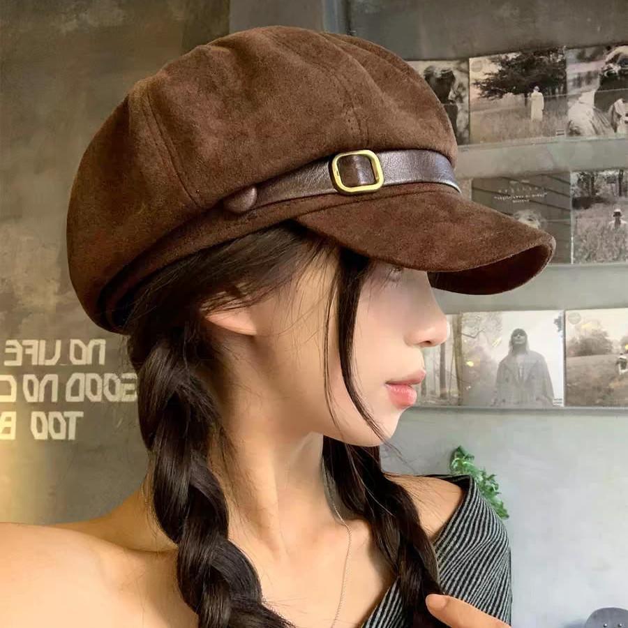 Vintage belt buckle suede beret children autumn and winter maillard style octagonal hat casual face little painter hat
