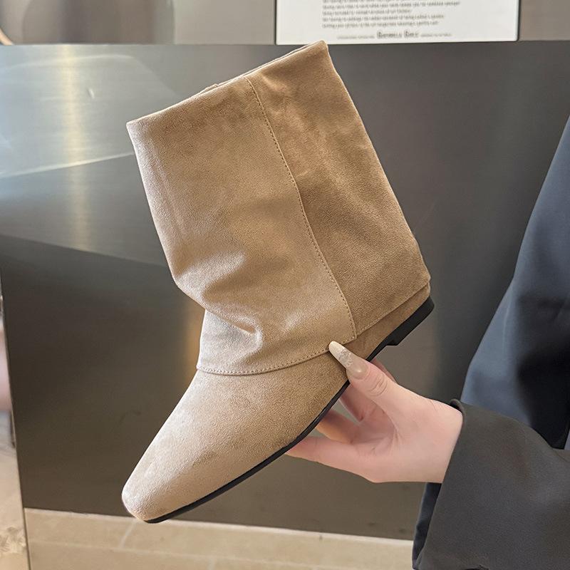 Inner heightening trouser boots autumn and winter retro square head pleated stacked medium boots versatile comfortable short boots
