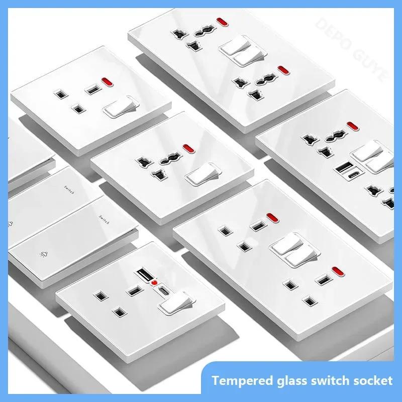 Universal Tempered Glass 20W Quick Charge USB Type-c Wall Dual 3pin Socket panel,UK 13A Wall 220V 2Way Light Switch Power Outlet