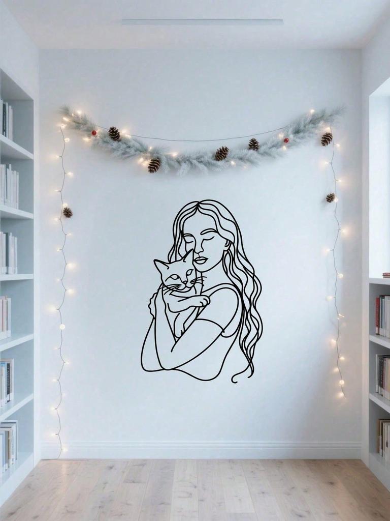1 шт. Металлический настенный декор с рисунком в стиле line art для любителей кошек - причудливая дама и силуэт кошки, лазерная резка, для дома, офиса, подарок