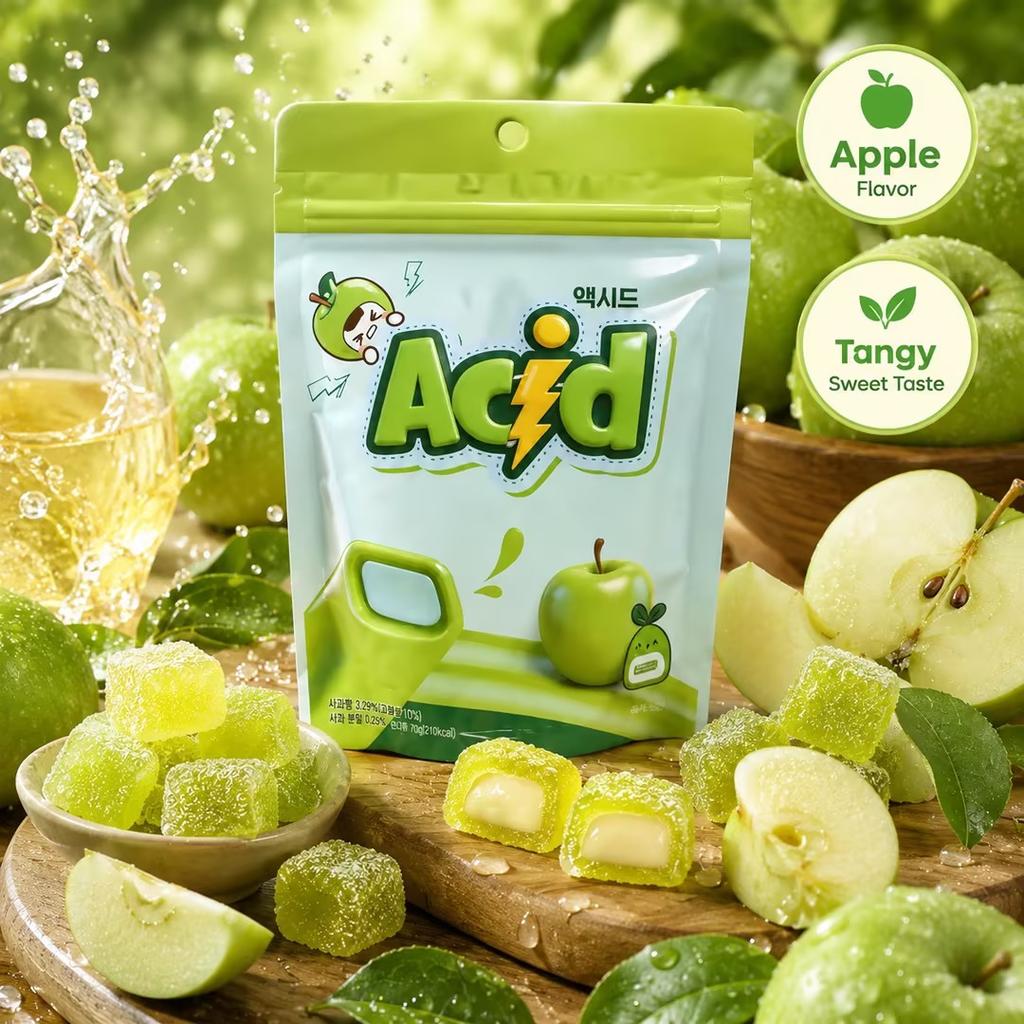 Жевательные конфеты YEM кубики со вкусом яблока с начинкой 70 г | Свежий сладкий вкус яблока, мягкая упругая текстура, фруктовая внутренняя начинка