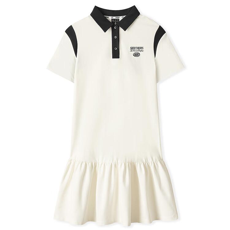 Skechers Sport Life Series Logo Letter Comfortable Polo Collar Short Sleeve Dress Women dresses Cotton-Candy-White L225W120-0074