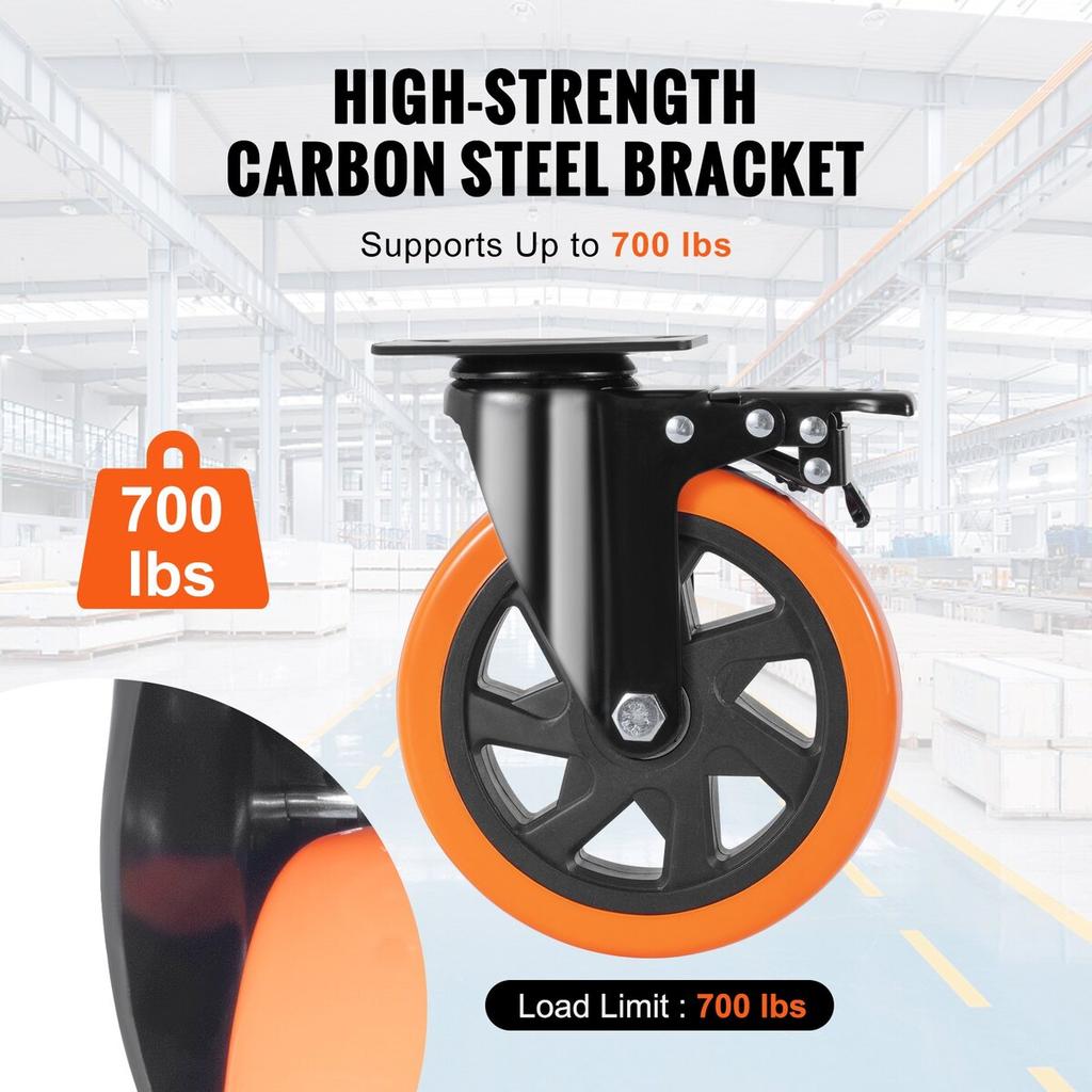 Caster Wheels, 6-inch Swivel Plate Casters, Set of 4, with Security A/B Locking No Noise PVC Wheels, Heavy Duty 700 lbs Load Capacity Per Caster,