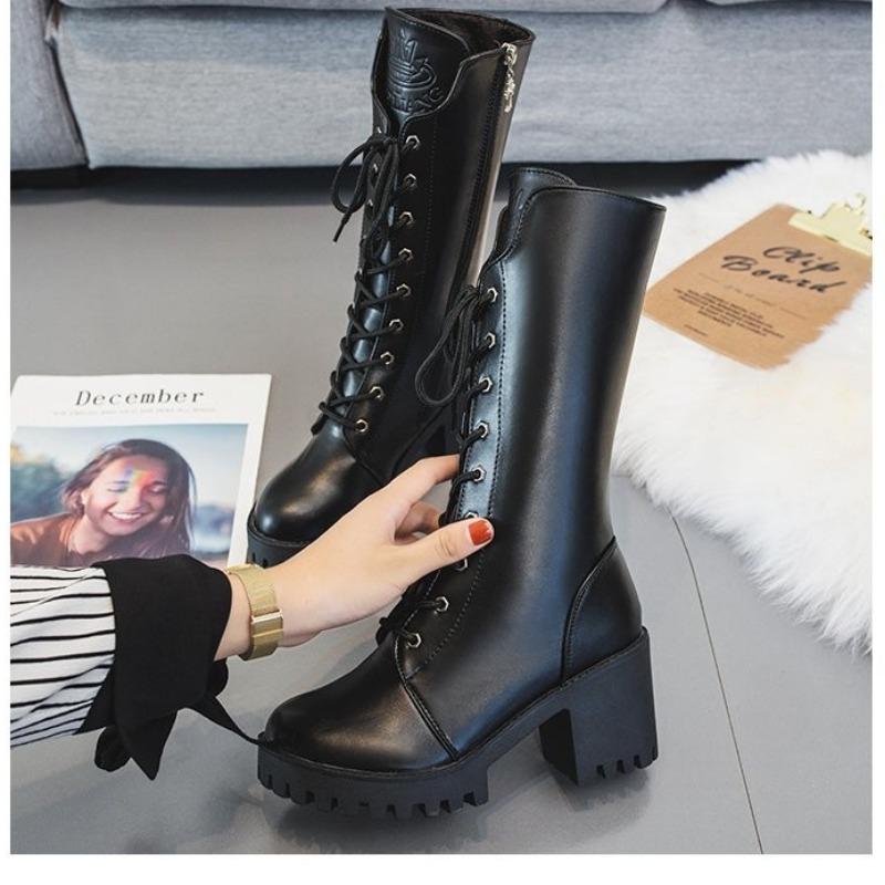 Зимние женские сапоги на толстом каблуке со шнуровкой Модная женская обувь на платформе Высокие женские сапоги на молнии Осенние туфли до середины голени
