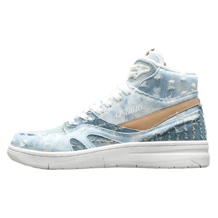 Li Ning 937 Deluxe Hi Denim Fabric Non-Slip Lightweight High-Top Retro Basketball Shoes Women Sneaker Mist-Blue AGBR026-3